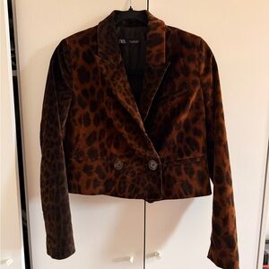 Zara Brown Leopard Velvet Cropped Blazer